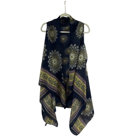 SAX Womens Sheer Vest Mandala Print Navy Blue Yellow Acrylic Open Front Bohemian - Picture 8 of 9